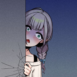 Rule 34 | 1girl, ahoge, braid, constricted pupils, crack, cracked wall, frown, green eyes, grey hair, highres, hololive, off shoulder, open mouth, otk, ribbed sweater, shaded face, shirogane noel, shirogane noel (casual), single braid, solo, sweater, upper body, virtual youtuber