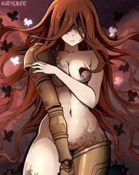 Rule 34 | 1girl, abs, amputee, armor, breasts, bug, butterfly, commentary, covered eyes, double amputee, elden ring, english commentary, gold armor, golden sword, helmet, helmet over eyes, highres, insect, krisbee, large breasts, long hair, looking at viewer, malenia blade of miquella, malenia goddess of rot, mechanical arms, nude, prosthesis, prosthetic arm, prosthetic leg, scar, single mechanical arm, solo