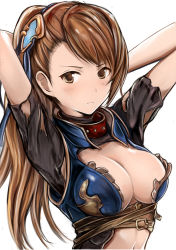 Rule 34 | 10s, 1girl, :&lt;, arms behind head, arms up, beatrix (granblue fantasy), blush, breasts, brown eyes, brown hair, cleavage, collar, female focus, granblue fantasy, large breasts, long hair, looking at viewer, nannacy7, simple background, solo, torn clothes, upper body, white background
