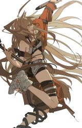 Rule 34 | 1girl, animal ears, arknights, arm up, armband, black shorts, breasts, brown hair, ceobe (arknights), ceobe (summer flowers) (arknights), commentary, crop top, dog ears, fangs, from side, full body, highres, holding, holding weapon, jacket, jumping, long hair, medium breasts, midriff, off shoulder, official alternate costume, open clothes, open jacket, open mouth, orange jacket, profile, red eyes, shoes, short shorts, shorts, simple background, smile, sneakers, solo, symbol-only commentary, thigh strap, very long hair, weapon, white background, white footwear, zhibuji loom
