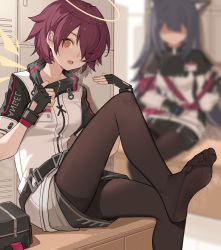 Rule 34 | 2girls, absurdres, animal ears, arknights, barefoot, brown pantyhose, exusiai (arknights), fanning, gloves, halo, highres, jacket, locker, looking at viewer, multiple girls, open mouth, pantyhose, red hair, soles, steam, sweat, sweatdrop, texas (arknights), toes, xssh