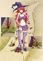 Rule 34 | 1girl, absurdres, blood, close-up, crushing, ero guro, evil, frog, guro, hat, high heels, highres, red eyes, red hair, shoes, skirt, thighhighs, trample, witch, witch hat