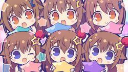 Rule 34 | 6+girls, blue eyes, brown eyes, brown hair, chibi, commentary request, hair ornament, holding, holding star, hololive, hoshikuzu no yoru, looking at viewer, multiple girls, multiple persona, one eye closed, open mouth, smile, star (symbol), star hair ornament, tokino sora, tokino sora (1st costume), tokino sora (old design), virtual youtuber