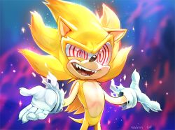 Rule 34 | 1boy, @ @, animal ears, animal nose, artist name, blonde hair, blurry, blurry background, body fur, cowboy shot, fleetway super sonic, furry, furry male, galaxy, gloves, hands up, happy, long hair, male focus, open mouth, red eyes, sharp teeth, signature, skeleion, smile, solo, sonic (series), sonic the comic, sonic the hedgehog, sparkle, standing, super sonic, super sonic (stc), tail, teeth, tongue, torn clothes, torn gloves, two-tone fur, uneven eyes, white gloves, yellow fur