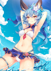Rule 34 | 1girl, animal ears, armpits, arms up, bikini, bikini skirt, blue flower, blue hair, blue ribbon, blue skirt, blue sky, blush, breasts, cleavage cutout, clothing cutout, cloud, collarbone, day, earrings, erune, ferry (granblue fantasy), ferry (summer) (granblue fantasy), flower, granblue fantasy, hair between eyes, hair flower, hair ornament, hair ribbon, highres, jewelry, long hair, looking at viewer, medium breasts, navel, outdoors, parted lips, ponytail, purple flower, rabbit ears, ribbon, ricegnat, single earring, skirt, sky, smile, solo, swimsuit, thigh strap, wading, water, wavy hair, yellow eyes