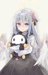 Rule 34 | 1girl, absurdres, azusa (blue archive), blue archive, commentary request, hugging doll, feathered wings, flower, grey hair, hair between eyes, hair flower, hair ornament, halo, highres, long hair, long sleeves, looking at viewer, hugging object, purple eyes, saibashi (develop komono), school uniform, serafuku, sidelocks, simple background, solo, white background, white wings, wings