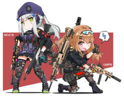 Rule 34 | 2girls, assault rifle, beret, black legwear, black skirt, blunt bangs, brown eyes, brown hair, character name, dual wielding, facial mark, fatkewell, fingerless gloves, girls&#039; frontline, gloves, goggles, goggles on head, green eyes, gun, h&amp;k hk416, h&amp;k ump, h&amp;k ump, hat, hk416 (girls&#039; frontline), holding, holding gun, holding weapon, knee pads, kneeling, long hair, looking at viewer, multiple girls, on one knee, one eye closed, open mouth, pantyhose, pleated skirt, ponytail, rifle, silver hair, simple background, skirt, standing, submachine gun, teardrop, thighhighs, twintails, ump9 (girls&#039; frontline), weapon