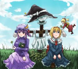 Rule 34 | 2girls, alice margatroid, apron, blonde hair, blue dress, blue eyes, blue sky, book, bow, cloud, clover, crescent, day, dress, female focus, four-leaf clover, gloves, grass, hair bow, hairband, hat, hat ribbon, highres, kirisame marisa, long hair, multiple girls, musical note, outdoors, patchouli knowledge, purple hair, red dress, ribbed sweater, ribbon, sash, scarecrow, shanghai doll, short hair, sitting, skirt, sky, smile, sweater, the nekoma, touhou, waist apron, white gloves, witch hat