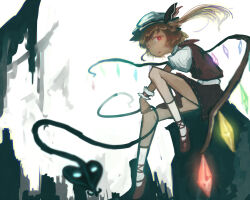 Rule 34 | 1girl, blonde hair, cityscape, crystal, flandre scarlet, from side, full body, glowing, glowing eyes, glowing wings, hat, hat ribbon, highres, laevatein (touhou), looking at viewer, looking to the side, mary janes, medium hair, mifuru, mob cap, multicolored wings, one side up, open mouth, outdoors, puffy short sleeves, puffy sleeves, red eyes, red footwear, red ribbon, red skirt, red vest, ribbon, shirt, shoes, short sleeves, skirt, socks, teeth, touhou, upper teeth only, vest, white headwear, white shirt, white socks, wings, wrist cuffs