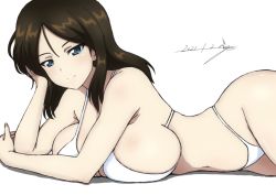 Rule 34 | 1girl, alternate breast size, arm support, bikini, black hair, blush, breasts, bukkuri, cleavage, closed mouth, girls und panzer, highleg, highleg bikini, large breasts, looking at viewer, lying, mature female, navel, nonna (girls und panzer), on stomach, seductive smile, simple background, smile, solo, swimsuit, the pose, white background, white bikini