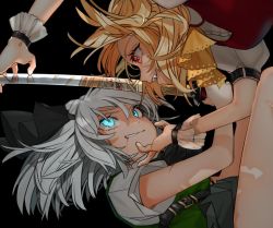 Rule 34 | 2girls, :d, ascot, bad id, bad twitter id, belt, black background, black belt, black ribbon, black skirt, blonde hair, blood, blood from mouth, blue eyes, breasts, clenched teeth, commentary request, eye contact, face-to-face, fang, flandre scarlet, glowing, glowing eyes, gotou (nekocat), green vest, hair between eyes, hair ribbon, holding, holding sword, holding weapon, katana, konpaku youmu, leg up, looking at another, multiple girls, neck ribbon, no headwear, open mouth, profile, puffy short sleeves, puffy sleeves, red eyes, red vest, reflection, ribbon, shirt, short hair, short sleeves, silver hair, simple background, skirt, small breasts, smile, sword, teeth, thighs, touhou, v-shaped eyebrows, vest, weapon, white shirt, wrist cuffs, yellow neckwear