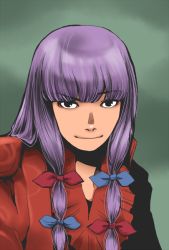 Rule 34 | 1girl, alternate costume, androgynous, bad id, bad pixiv id, black eyes, blunt bangs, dress shirt, female focus, long hair, looking at viewer, no headwear, onikobe rin, patchouli knowledge, purple hair, shirt, sidelocks, smile, solo, touhou, upper body, v-neck