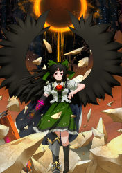 Rule 34 | 1girl, absurdres, arm cannon, black hair, black wings, bow, elbow gloves, female focus, gloves, hair bow, highres, hullzion, large wings, long hair, md5 mismatch, red eyes, reiuji utsuho, rock, single glove, smile, solo, third eye, touhou, weapon, wings