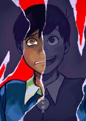 Rule 34 | blue shirt, bowl cut, brown eyes, buttons, child, clenched teeth, collared shirt, highres, looking at viewer, male focus, maririnbo, matsuno osomatsu, osomatsu-kun, osomatsu (series), page tear, red background, revealing layer, scared, shirt, smile, teeth