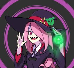 Rule 34 | 1girl, darkcross, flask, hair over one eye, hat, little witch academia, looking at viewer, luna nova school uniform, open mouth, pale skin, pink hair, potion, red eyes, school uniform, sharp teeth, smile, solo, sucy manbavaran, teeth, witch, witch hat