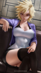 Rule 34 | 1girl, artist name, bakugou mitsuki, blonde hair, boku no hero academia, bra strap, breasts, cardigan, cleavage, commentary, couch, crossed legs, english commentary, feet out of frame, hand on leg, highres, izhardraws, large breasts, light particles, looking at viewer, mature female, mature female, miniskirt, nail polish, open clothes, purple cardigan, purple nails, red eyes, shirt, short hair, sitting, skirt, smile, solo, spiked hair, thighhighs, wall, white shirt