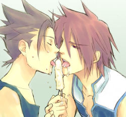 Rule 34 | 00s, 2boys, age difference, akagi haruna, blush, brown eyes, brown hair, closed eyes, father and son, food, holding hands, incest, kratos aurion, licking, lloyd irving, male focus, multiple boys, popsicle, profile, red hair, sexually suggestive, short hair, simple background, spiked hair, tales of (series), tales of symphonia, tongue, yaoi