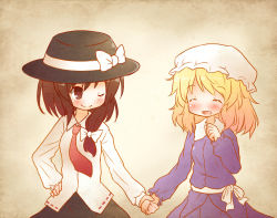 Rule 34 | 2girls, :d, arinu, blonde hair, blush, bow, brown eyes, brown hair, closed eyes, dress, gradient background, hair bow, hat, hat bow, holding hands, long sleeves, maribel hearn, mob cap, multiple girls, necktie, one eye closed, open mouth, purple dress, red necktie, shirt, skirt, smile, touhou, usami renko, white bow