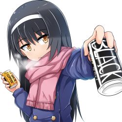 Rule 34 | 10s, 1girl, black hair, blue coat, breath, brown eyes, can, closed mouth, coat, coffee, commentary request, double bun, drink can, foreshortening, fringe trim, girls und panzer, hair bun, hairband, holding, kitayama miuki, light frown, logo, long hair, long sleeves, looking at viewer, ooarai school uniform, pink scarf, reizei mako, scarf, school uniform, simple background, soda can, solo, standing, upper body, white background, white hairband, winter uniform