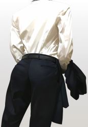 Rule 34 | 1boy, ass, ass focus, carrying clothes, from behind, gradient background, grey background, highres, jacket, unworn jacket, male focus, original, salaryman, shirt, simple background, solo, suit jacket, wadani hitonori, white shirt
