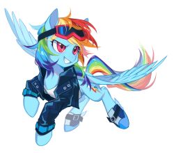 Rule 34 | 1girl, 7hundredt, blue skin, colored skin, feathered wings, goggles, goggles on head, grin, highres, jacket, leather, leather jacket, multicolored hair, my little pony, my little pony: friendship is magic, pegasus, rainbow dash, rainbow hair, red eyes, simple background, smile, solo, teeth, white background, wings