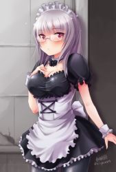 Rule 34 | 1girl, alternate costume, blush, breasts, cleavage, enmaided, glasses, haruhata mutsuki, heidimarie w. schnaufer, large breasts, long hair, maid, pantyhose, red eyes, solo, strike witches, twitter username, white hair, world witches series