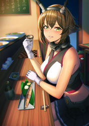 Rule 34 | 1girl, abyssal ship, black skirt, blush, bokukawauso, breasts, brown hair, choko (cup), chopsticks, collarbone, cup, enemy lifebuoy (kancolle), fish, food, gloves, green eyes, hair between eyes, headgear, holding, holding cup, kantai collection, large breasts, looking at viewer, mutsu (kancolle), open mouth, pleated skirt, short hair, skirt, smile, solo, unowen, white gloves