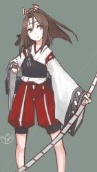 Rule 34 | 10s, 1girl, bad id, bad pixiv id, bow (weapon), brown hair, hair between eyes, kantai collection, mikoto (oi plus), simple background, solo, weapon, zuihou (kancolle)