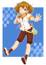 Rule 34 | 1girl, ;3, bike shorts, black socks, blue background, brown hair, brown socks, carton, coffee, drinking, drinking straw, fanny pack, flower, food-themed clothes, frills, hair ornament, hairclip, highres, komase (jkp423), pantyhose under shorts, one eye closed, original, outstretched arm, outstretched hand, pantyhose, red eyes, ribbon, shoes, shorts, sock ornament, socks, solo, twintails, yukico-tan, yukijirushi