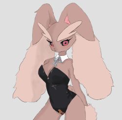 Rule 34 | 1girl, :&lt;, animal nose, arms behind back, bare shoulders, black leotard, black sclera, blue ribbon, blush, body fur, breasts, brown fur, cleavage, closed mouth, colored sclera, cowboy shot, creatures (company), crotch zipper, detached collar, female focus, furry, furry female, game freak, gen 4 pokemon, grey background, highres, kiki (kiki1041101), leotard, light blush, looking at viewer, lopunny, medium breasts, neck ribbon, nintendo, playboy bunny, pokemon, pokemon (creature), rabbit ears, rabbit girl, rabbit tail, red eyes, ribbon, simple background, solo, standing, strapless, strapless leotard, thighs, two-tone fur, zipper, zipper pull tab