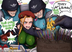 Rule 34 | 1girl, 3boys, anger vein, antenna hair, artist name, beret, birthday, birthday cake, black gloves, blonde hair, blue eyes, braid, breasts, cake, cammy white, candle, capcom, chocolate cake, clenched hand, crying, fingerless gloves, food, gift, gloves, green leotard, happy birthday, hat, helmet, hershuar, large breasts, leotard, meme, multiple boys, parody, red gloves, scar, shadaloo, smile, soldier, speech bubble, strap, street fighter, street fighter v, twin braids