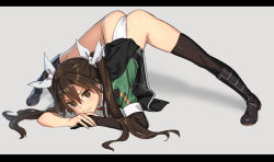 Rule 34 | 1girl, arched back, arm rest, ass, black footwear, blush, brown hair, closed mouth, elbow gloves, flexible, full body, gloves, hair between eyes, hair ribbon, hands on ground, highleg, highleg panties, highres, jack-o&#039; challenge, kantai collection, kawakami rokkaku, legs apart, letterboxed, long hair, looking at viewer, meme, panties, pelvic curtain, revision, ribbon, simple background, single elbow glove, single thighhigh, smile, solo, spread legs, stretching, thighhighs, tone (kancolle), tone kai ni (kancolle), top-down bottom-up, twintails, underwear, white panties, white ribbon, wide spread legs