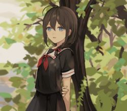Rule 34 | 1girl, ahoge, arms behind back, blue eyes, braid, brown hair, highres, kantai collection, leaf, looking at viewer, neckerchief, open mouth, red neckerchief, school uniform, serafuku, sha (isago), shigure (kancolle), single braid, smile, solo, tree