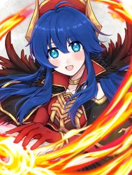 Rule 34 | 1girl, :d, absurdres, black feathers, blue eyes, blue hair, blush, collarbone, elbow gloves, feather trim, feathers, fire, fire emblem, fire emblem: the binding blade, fire emblem heroes, gloves, gold trim, hat, highres, jewelry, lilina (fire emblem), looking at viewer, misato hao, nintendo, official alternate costume, open mouth, red gloves, smile, solo, upper body
