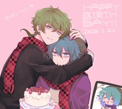 Rule 34 | 3boys, :d, ai shin, annoyed, aqua eyes, aqua hair, beanie, birthday, birthday cake, black jacket, blue scarf, cake, closed eyes, closed mouth, dated, food, green hair, green headwear, grin, hair between eyes, happy birthday, hat, head hug, highres, hiyori sou, holding, holding cake, holding food, hug, jacket, kimi ga shine, layered sleeves, long sleeves, looking at another, low ponytail, male focus, midori (kimi ga shine), multiple boys, necktie, open mouth, parted lips, pink background, polka dot necktie, purple jacket, red necktie, scarf, short hair, simple background, smile, spiked hair, streamers, uououoon