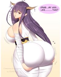 Rule 34 | 1girl, absurdres, ass, ass grab, ass support, bandages, bandaged arm, bandages, bare shoulders, breasts, curvy, danua, draph, dress, english text, grabbing own ass, granblue fantasy, heart, highres, horns, huge ass, huge breasts, long hair, looking back, motion lines, pointy ears, purple hair, red eyes, sideboob, solo, startop, thick thighs, thighs, white dress, wide hips