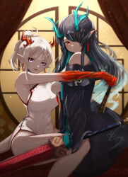 Rule 34 | 2girls, absurdres, arknights, black hair, china dress, chinese clothes, colored skin, dragon girl, dragon horns, dragon tail, dress, dusk (arknights), earrings, folded fan, folding fan, gradient skin, green horns, green skin, hand fan, highres, holding, holding sword, holding weapon, horns, jewelry, multicolored hair, multiple girls, nian (arknights), nian (unfettered freedom) (arknights), pointy ears, purple eyes, red eyes, red skin, sleeveless, sleeveless dress, streaked hair, suzutaro, sword, tail, tassel, tassel earrings, weapon, white hair