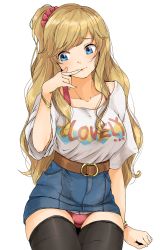 Rule 34 | 1girl, arm support, belt, black thighhighs, blonde hair, blue eyes, bracelet, breasts, brown belt, closed mouth, clothes writing, collarbone, cowboy shot, denim, denim skirt, finger to mouth, gatsby ssl, hair ornament, hair scrunchie, highres, idolmaster, idolmaster cinderella girls, invisible chair, jewelry, large breasts, long hair, namco, ohtsuki yui, panties, pantyshot, pink panties, pink scrunchie, print shirt, scrunchie, shirt, simple background, sitting, skirt, sleeves past elbows, smile, solo, star (symbol), star print, thighhighs, thighs, underwear, white background, white shirt
