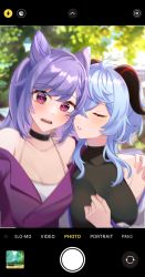 Rule 34 | 2girls, bare shoulders, blue hair, breasts, casual, kissing cheek, choker, cleavage, collarbone, couple, day, double bun, earrings, closed eyes, ganyu (genshin impact), genshin impact, hair bun, hand on another&#039;s shoulder, hand on own chest, highres, horns, jewelry, keqing (genshin impact), kiss, looking at viewer, medium breasts, multiple girls, off shoulder, open mouth, parted lips, fake phone screenshot, purple eyes, selfie, shirt, sleeveless, sleeveless shirt, smile, surprised, tana (tanabio), tank top, tree, turtleneck, twintails, upper body, white tank top, yuri