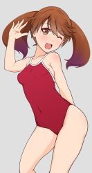 Rule 34 | 1girl, aiuti, breasts, brown eyes, brown hair, competition school swimsuit, contrapposto, covered navel, cowboy shot, fang, grey background, highres, kantai collection, looking at viewer, one-piece swimsuit, one eye closed, red one-piece swimsuit, ryuujou (kancolle), school swimsuit, simple background, skin fang, small breasts, solo, swimsuit, twintails, waving