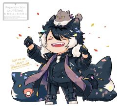 Rule 34 | 1boy, animal, animal ears, animal on head, bad id, bad pixiv id, black coat, black hair, black pants, black shirt, buttons, cat, cat on head, clenched hands, closed eyes, coat, confetti, congratulations, double-breasted, fangs, fur-trimmed coat, fur trim, hair between eyes, hands up, holostars, hotate rayan, kageyama shien, multicolored hair, necktie, on head, open mouth, pacifier, pants, pixiv username, reddit username, shirt, shoes, simple background, solo, stole, tail, teeth, twitter username, two-tone hair, v-shaped eyebrows, virtual youtuber, white background, white hair, white necktie