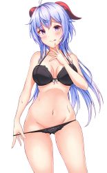 Rule 34 | :p, absurdres, bad id, bad twitter id, black bra, black panties, blue hair, blush, bow, bow bra, bow panties, bra, breasts, cameltoe, cleft of venus, ganyu (genshin impact), genshin impact, highres, horns, long hair, looking at viewer, medium breasts, navel, neon (hhs9444), panties, panty pull, pulled by self, purple eyes, solo, sweat, thighs, tongue, tongue out, underwear, underwear only, white background