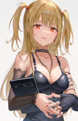 Rule 34 | 1girl, absurdres, amane misa, bad id, bad pixiv id, bare shoulders, between breasts, black gloves, blonde hair, blush, book, breasts, cleavage, collarbone, commentary request, death note, detached sleeves, earrings, fishnets, gloves, grey background, hair ornament, highres, holding, holding book, huge filesize, jewelry, long hair, looking at viewer, necklace, parted lips, red eyes, ring, smile, solo, teeth, tokkyu, translation request, two side up, upper body