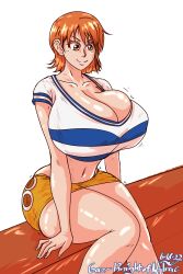 Rule 34 | 1girl, absurdres, breasts, cleavage, highres, huge breasts, nami (one piece), navel, one piece, orange hair, short hair, smile, solo, source request, tagme, thick thighs, thighs, white background