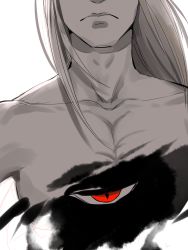 Rule 34 | 1boy, 791 (meiyuewudi), blonde hair, closed mouth, demon, father (fma), frown, fullmetal alchemist, head out of frame, highres, long hair, male focus, nude, red eyes, simple background, single eye, slit pupils, solo, white background