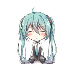 Rule 34 | 1girl, :&lt;, ahoge, akira (been0328), aqua hair, aqua necktie, bare shoulders, between legs, black skirt, black sleeves, black thighhighs, chibi, closed eyes, closed mouth, commentary, detached sleeves, english commentary, facing viewer, hair ornament, hand between legs, hatsune miku, long hair, necktie, shirt, sitting, skirt, sleeveless, sleeveless shirt, solo, thighhighs, twintails, v-shaped eyebrows, very long hair, vocaloid, wariza, white background, white shirt, zettai ryouiki