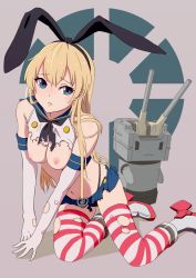Rule 34 | 10s, 1girl, :3, absurdres, anchor, arm support, blonde hair, blue eyes, boots, breasts, elbow gloves, gloves, hair ribbon, hairband, highres, kantai collection, long hair, miniskirt, navel, nipples, panties, rensouhou-chan, ribbon, s sasaki 09140, sailor collar, shimakaze (kancolle), skirt, socks, striped clothes, striped thighhighs, thighhighs, thong, torn clothes, underwear