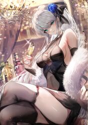 Rule 34 | 1girl, alcohol, alternate costume, aqua eyes, bare shoulders, black dress, black thighhighs, blush, breasts, chandelier, chiachun0621, closed mouth, crossed legs, cup, detached sleeves, dress, fate/grand order, fate (series), feather boa, grey hair, hair ornament, holding, holding cup, jewelry, large breasts, long sleeves, looking at viewer, morgan le fay (fate), necklace, smile, solo, thighhighs, thighs