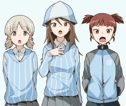 Rule 34 | 3girls, aki (girls und panzer), aokaze (mimi no uchi), arms behind back, blue background, blue headwear, blue jacket, blue shirt, blue skirt, blunt bangs, bright pupils, brown eyes, brown hair, commentary, dress shirt, emblem, girls und panzer, green eyes, grey skirt, hair tie, hand on own chest, hands in pockets, hat, jacket, keizoku military uniform, keizoku school uniform, light brown hair, long hair, long sleeves, looking at viewer, mika (girls und panzer), mikko (girls und panzer), military, military uniform, multiple girls, music, open mouth, pleated skirt, raglan sleeves, red eyes, red hair, school uniform, shirt, short hair, short twintails, simple background, singing, skirt, standing, striped clothes, striped shirt, track jacket, twintails, uniform, vertical-striped clothes, vertical-striped shirt, white pupils, white shirt, wing collar