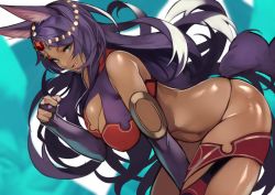 Rule 34 | 1girl, absurdres, animal ears, aqua eyes, breasts, bridal gauntlets, dark-skinned female, dark skin, egyptian clothes, elbow gloves, eyeliner, fang, fang out, fate/grand order, fate (series), forehead jewel, gem, gloves, head chain, highres, jackal ears, jewelry, large breasts, long hair, makeup, purple gloves, purple hair, queen of sheba (fate), revealing clothes, solo, tail, yoshio (55level)